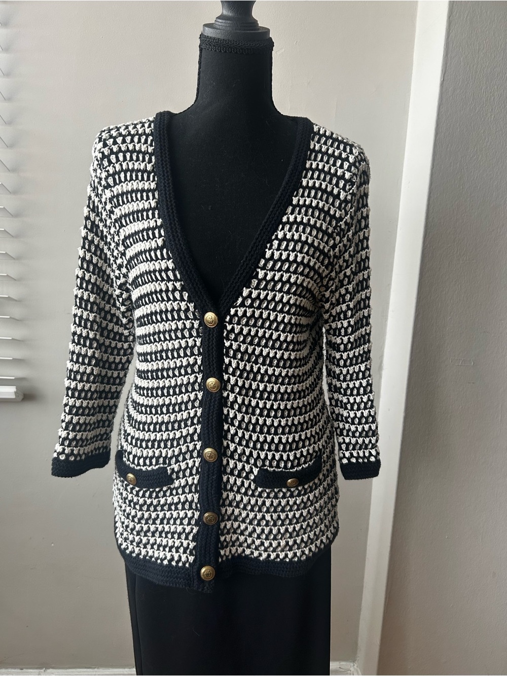 CAbi Black and White Knit V-Neck Cardigan with Gold Buttons